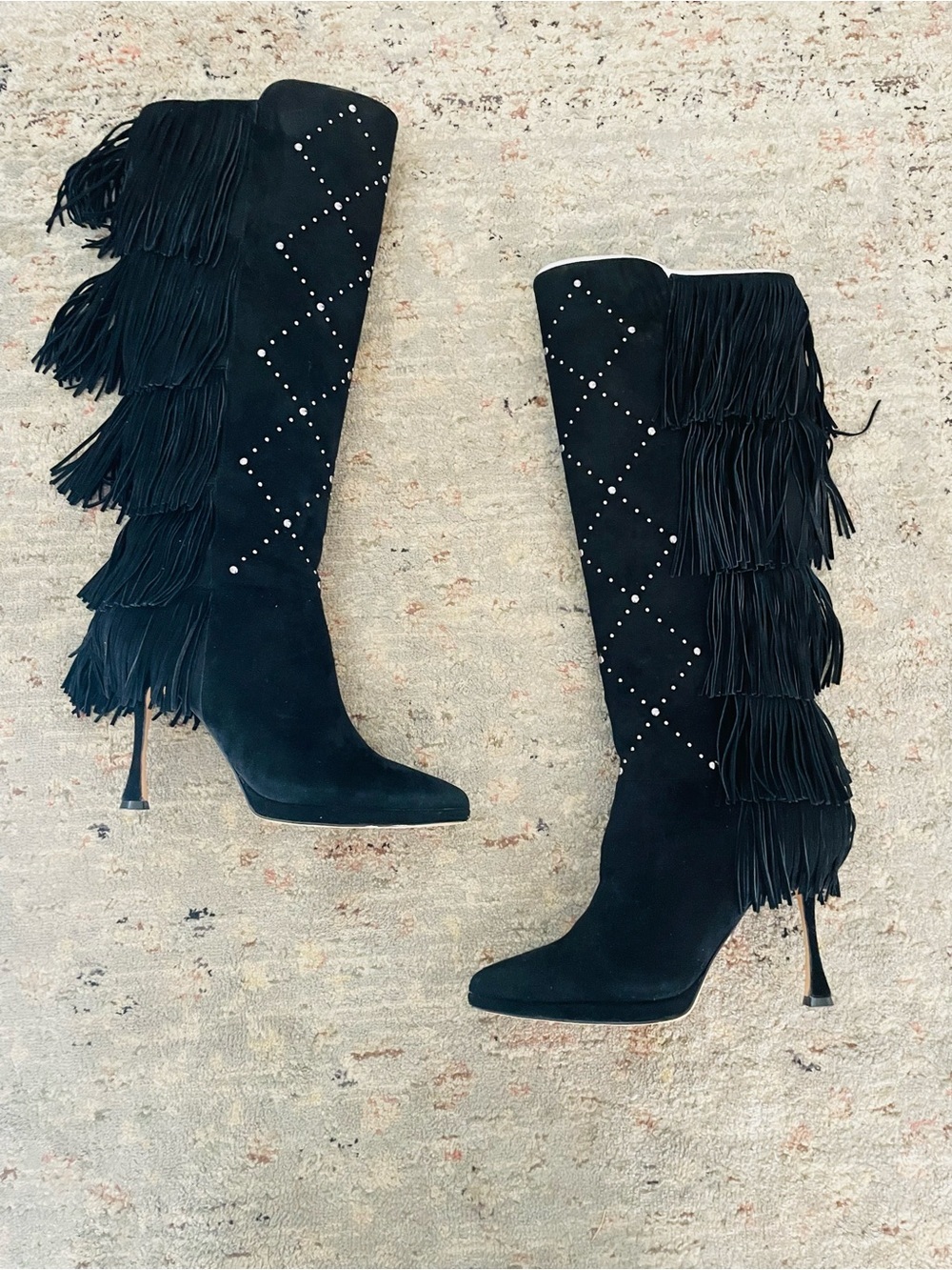 Vince Camuto Panaryaz Fringe Suede Knee-High Boots in Black Stud New